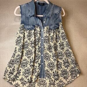 Papillon Womens Sheer Blouse Shirt Sleeveless Denim Yoke Button Size M-L